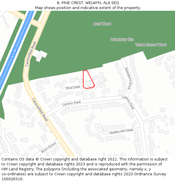 8, PINE CREST, WELWYN, AL6 0EQ: Location map and indicative extent of plot