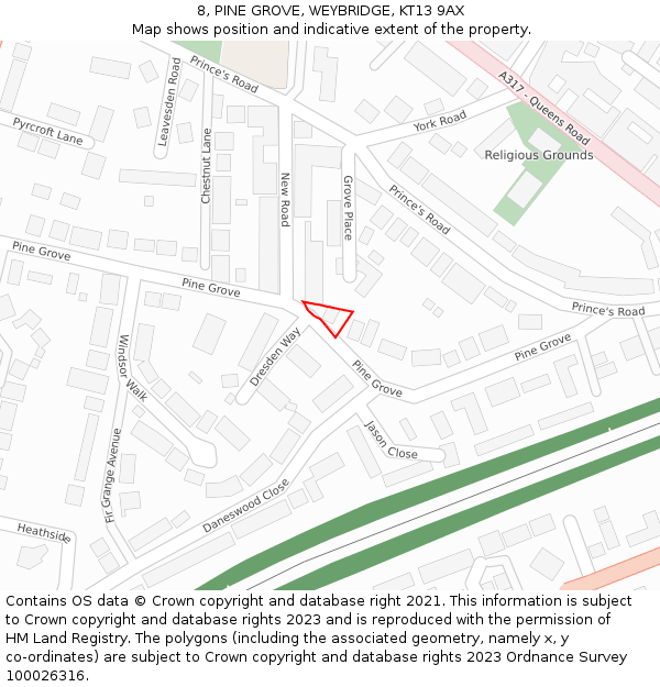 8, PINE GROVE, WEYBRIDGE, KT13 9AX: Location map and indicative extent of plot
