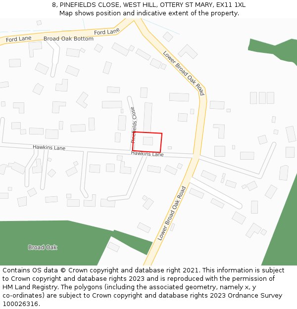 8, PINEFIELDS CLOSE, WEST HILL, OTTERY ST MARY, EX11 1XL: Location map and indicative extent of plot