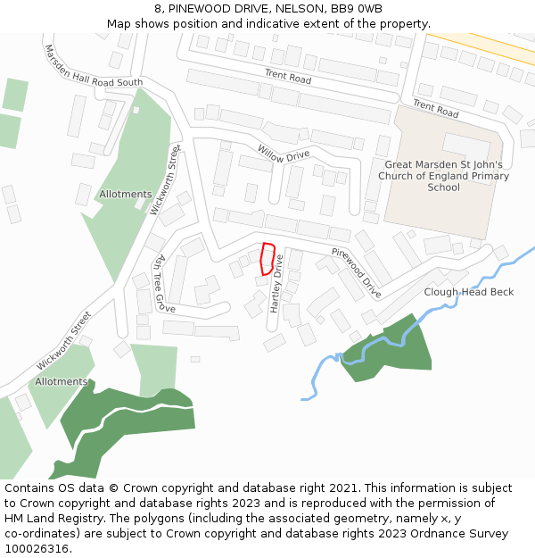 8, PINEWOOD DRIVE, NELSON, BB9 0WB: Location map and indicative extent of plot