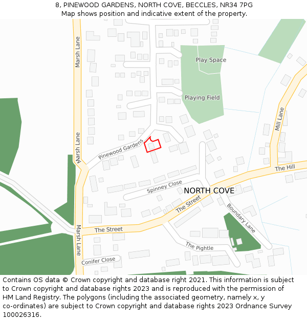 8, PINEWOOD GARDENS, NORTH COVE, BECCLES, NR34 7PG: Location map and indicative extent of plot
