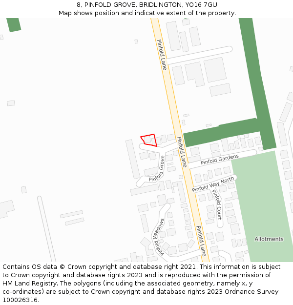 8, PINFOLD GROVE, BRIDLINGTON, YO16 7GU: Location map and indicative extent of plot