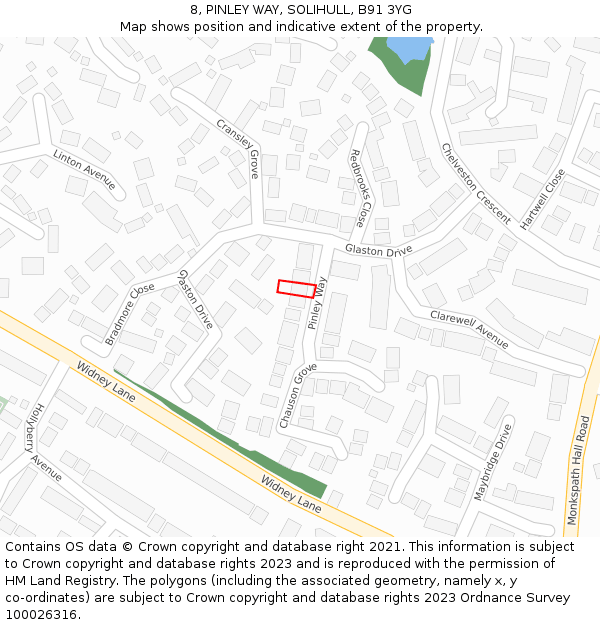 8, PINLEY WAY, SOLIHULL, B91 3YG: Location map and indicative extent of plot