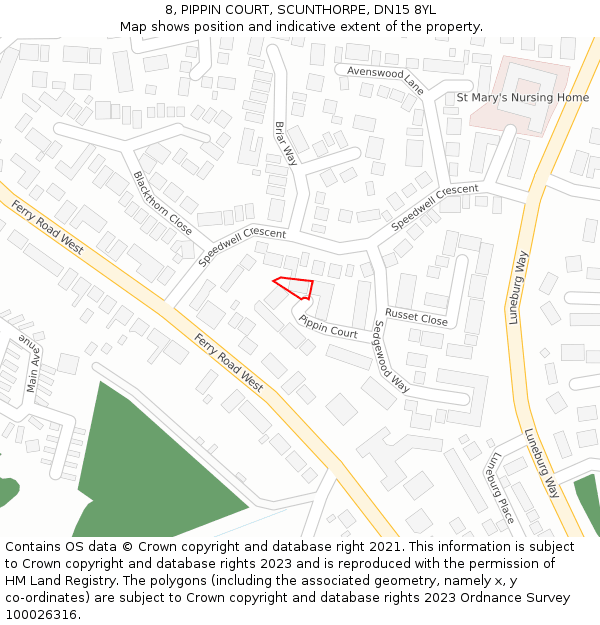 8, PIPPIN COURT, SCUNTHORPE, DN15 8YL: Location map and indicative extent of plot