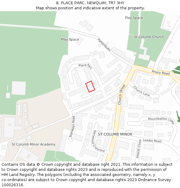 8, PLACE PARC, NEWQUAY, TR7 3HY: Location map and indicative extent of plot