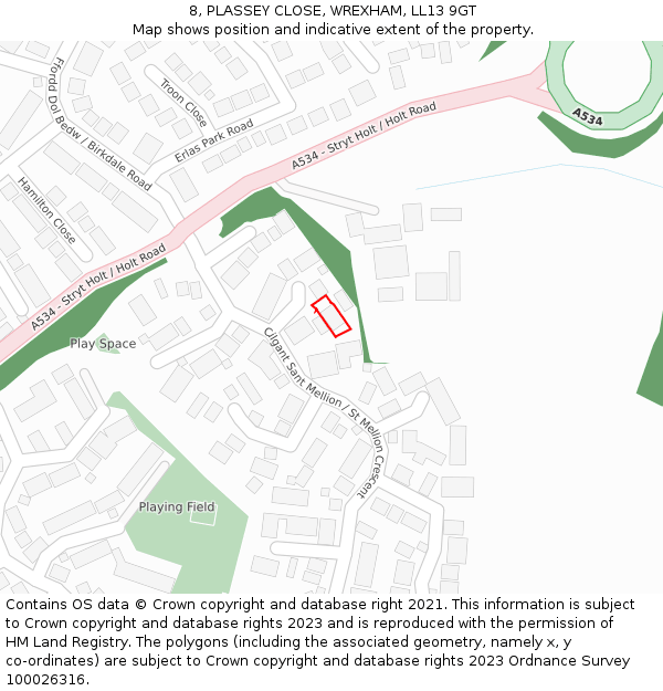 8, PLASSEY CLOSE, WREXHAM, LL13 9GT: Location map and indicative extent of plot