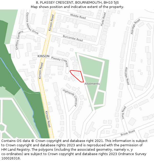 8, PLASSEY CRESCENT, BOURNEMOUTH, BH10 5JS: Location map and indicative extent of plot