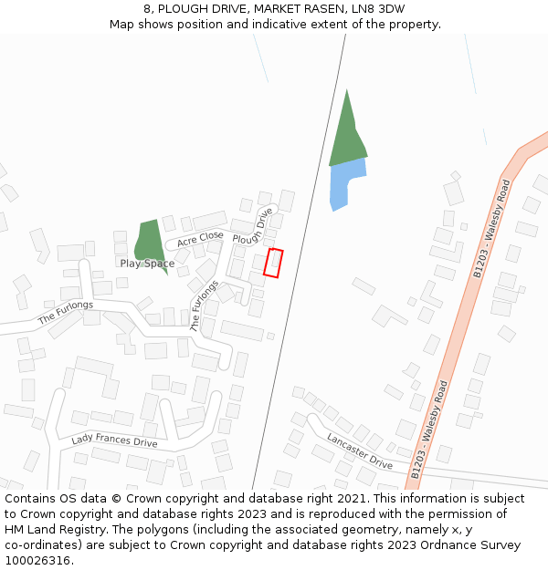 8, PLOUGH DRIVE, MARKET RASEN, LN8 3DW: Location map and indicative extent of plot