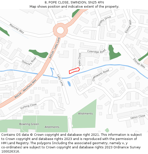 8, POPE CLOSE, SWINDON, SN25 4FN: Location map and indicative extent of plot