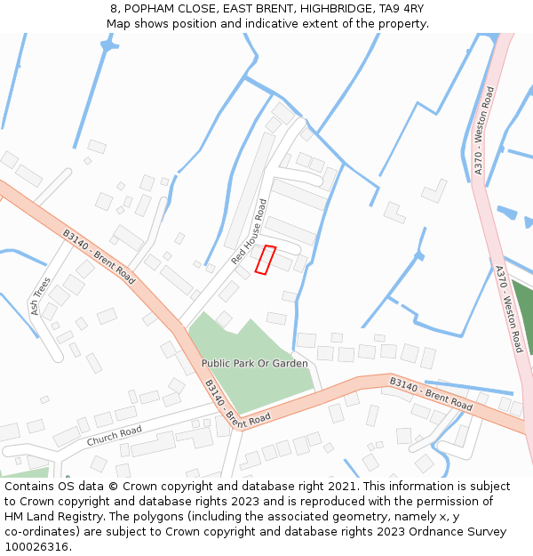 8, POPHAM CLOSE, EAST BRENT, HIGHBRIDGE, TA9 4RY: Location map and indicative extent of plot
