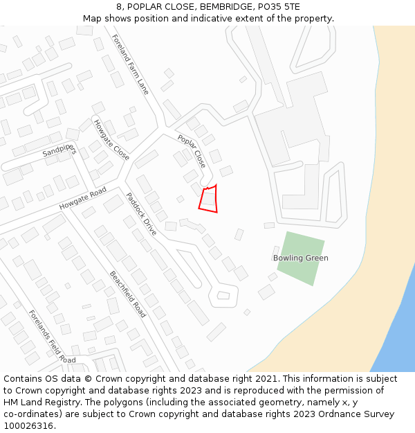 8, POPLAR CLOSE, BEMBRIDGE, PO35 5TE: Location map and indicative extent of plot