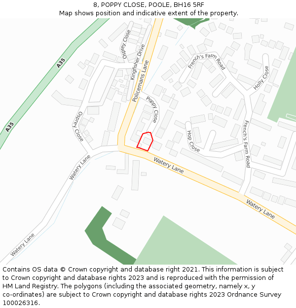 8, POPPY CLOSE, POOLE, BH16 5RF: Location map and indicative extent of plot