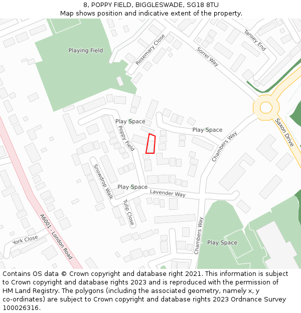 8, POPPY FIELD, BIGGLESWADE, SG18 8TU: Location map and indicative extent of plot