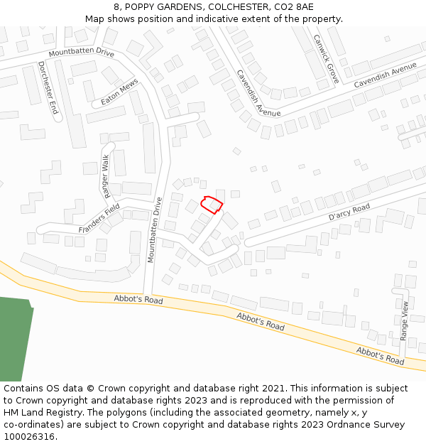 8, POPPY GARDENS, COLCHESTER, CO2 8AE: Location map and indicative extent of plot