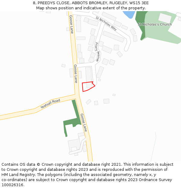 8, PREEDYS CLOSE, ABBOTS BROMLEY, RUGELEY, WS15 3EE: Location map and indicative extent of plot