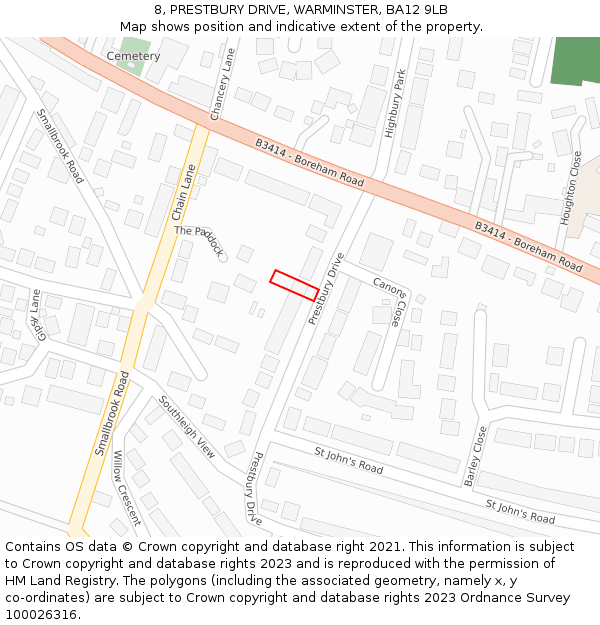 8, PRESTBURY DRIVE, WARMINSTER, BA12 9LB: Location map and indicative extent of plot