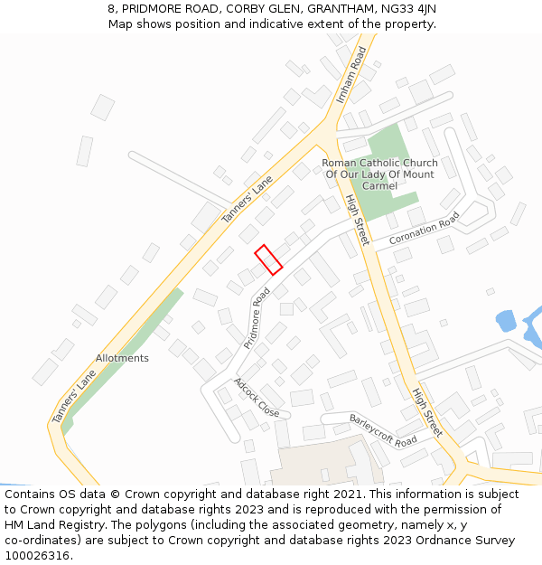 8, PRIDMORE ROAD, CORBY GLEN, GRANTHAM, NG33 4JN: Location map and indicative extent of plot