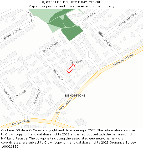 8, PRIEST FIELDS, HERNE BAY, CT6 6RH: Location map and indicative extent of plot