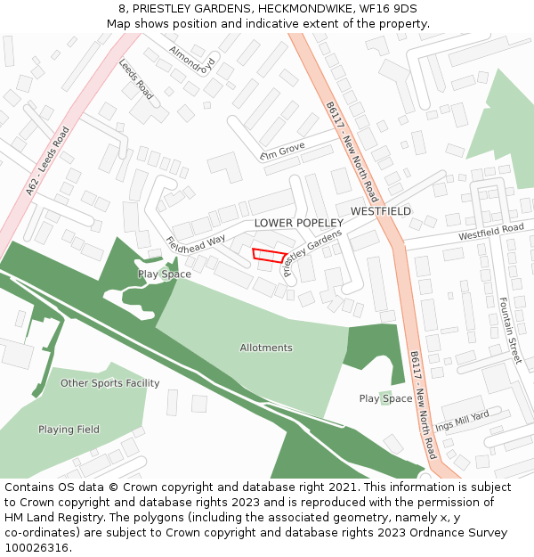 8, PRIESTLEY GARDENS, HECKMONDWIKE, WF16 9DS: Location map and indicative extent of plot