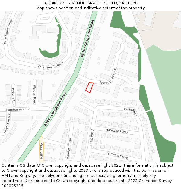 8, PRIMROSE AVENUE, MACCLESFIELD, SK11 7YU: Location map and indicative extent of plot