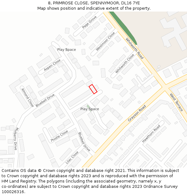 8, PRIMROSE CLOSE, SPENNYMOOR, DL16 7YE: Location map and indicative extent of plot