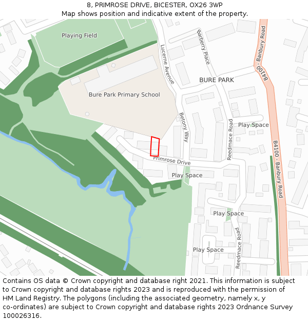 8, PRIMROSE DRIVE, BICESTER, OX26 3WP: Location map and indicative extent of plot