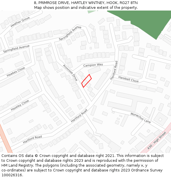 8, PRIMROSE DRIVE, HARTLEY WINTNEY, HOOK, RG27 8TN: Location map and indicative extent of plot