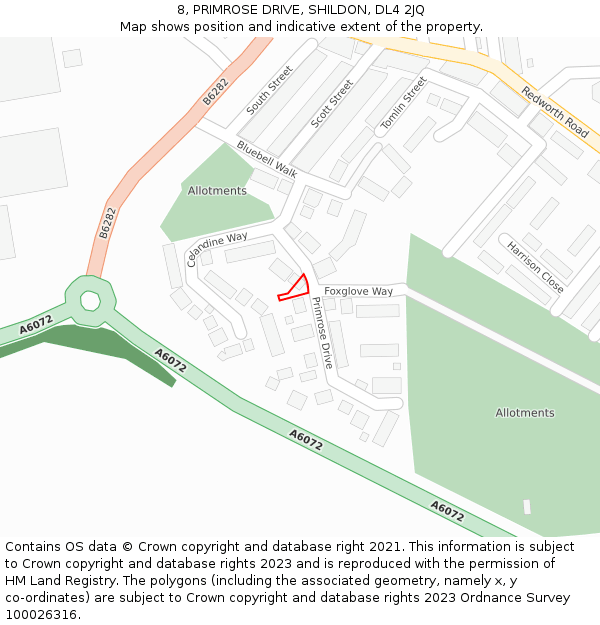 8, PRIMROSE DRIVE, SHILDON, DL4 2JQ: Location map and indicative extent of plot