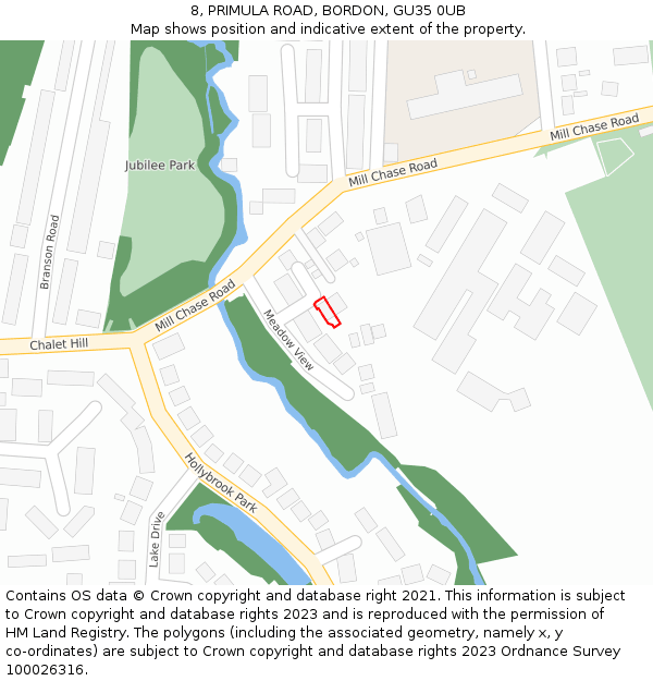 8, PRIMULA ROAD, BORDON, GU35 0UB: Location map and indicative extent of plot