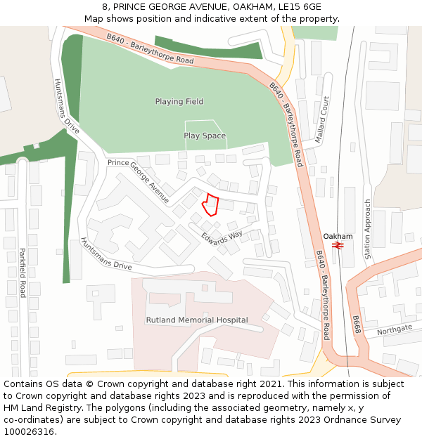 8, PRINCE GEORGE AVENUE, OAKHAM, LE15 6GE: Location map and indicative extent of plot