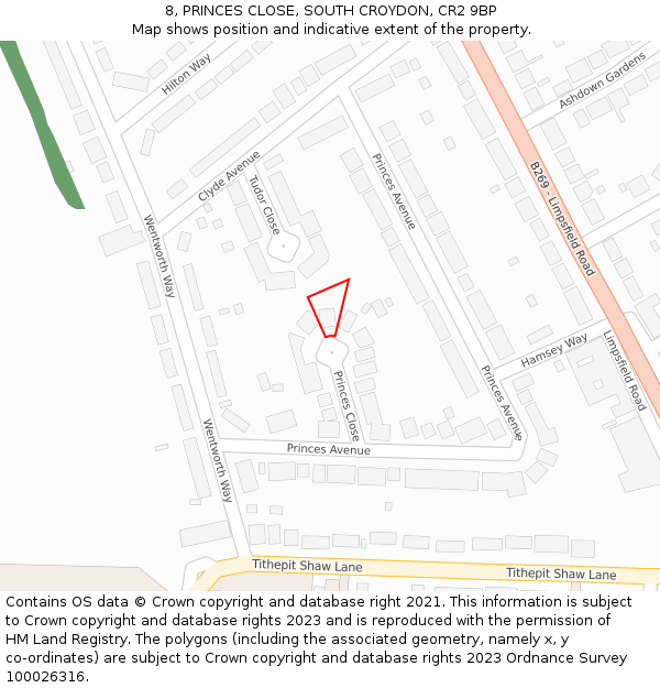 8, PRINCES CLOSE, SOUTH CROYDON, CR2 9BP: Location map and indicative extent of plot