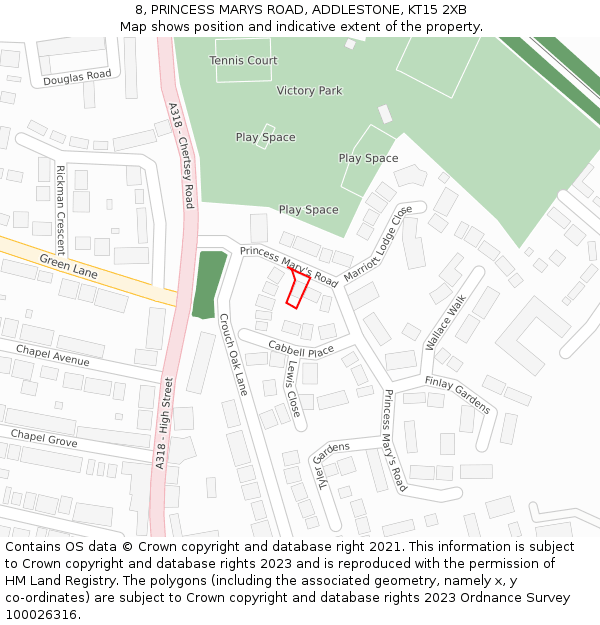 8, PRINCESS MARYS ROAD, ADDLESTONE, KT15 2XB: Location map and indicative extent of plot