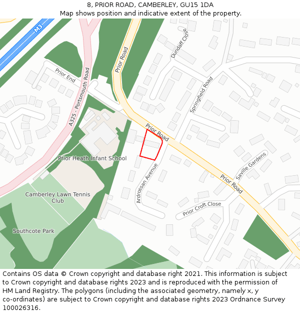 8, PRIOR ROAD, CAMBERLEY, GU15 1DA: Location map and indicative extent of plot