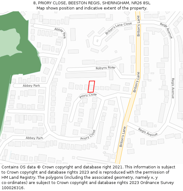 8, PRIORY CLOSE, BEESTON REGIS, SHERINGHAM, NR26 8SL: Location map and indicative extent of plot