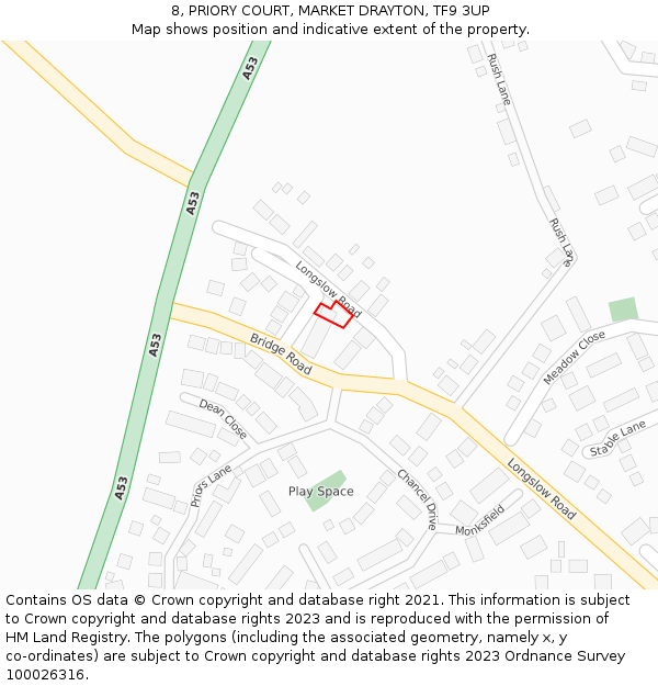 8, PRIORY COURT, MARKET DRAYTON, TF9 3UP: Location map and indicative extent of plot