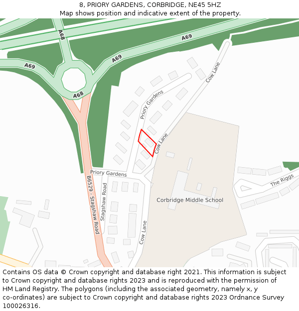 8, PRIORY GARDENS, CORBRIDGE, NE45 5HZ: Location map and indicative extent of plot