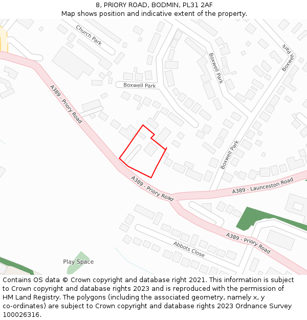 8, PRIORY ROAD, BODMIN, PL31 2AF: Location map and indicative extent of plot