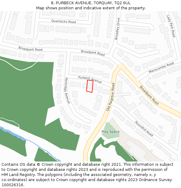 8, PURBECK AVENUE, TORQUAY, TQ2 6UL: Location map and indicative extent of plot