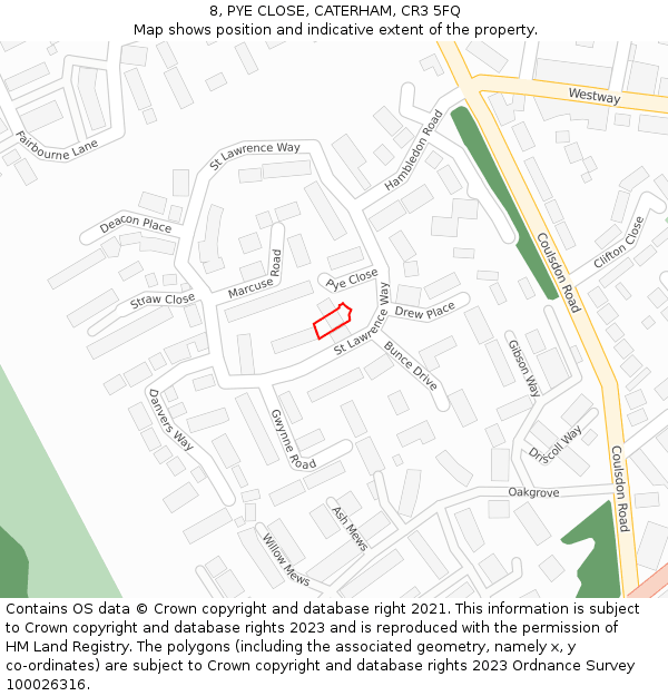 8, PYE CLOSE, CATERHAM, CR3 5FQ: Location map and indicative extent of plot