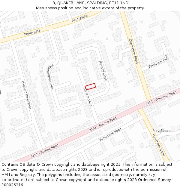 8, QUAKER LANE, SPALDING, PE11 1ND: Location map and indicative extent of plot