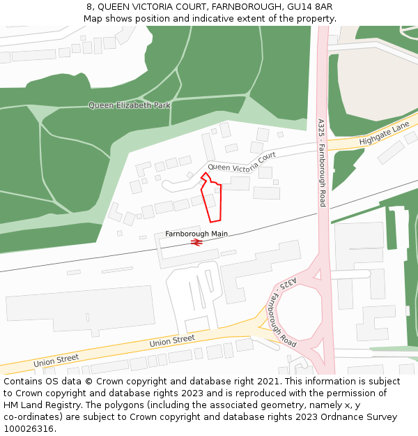 8, QUEEN VICTORIA COURT, FARNBOROUGH, GU14 8AR: Location map and indicative extent of plot