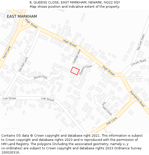 8, QUEENS CLOSE, EAST MARKHAM, NEWARK, NG22 0QY: Location map and indicative extent of plot