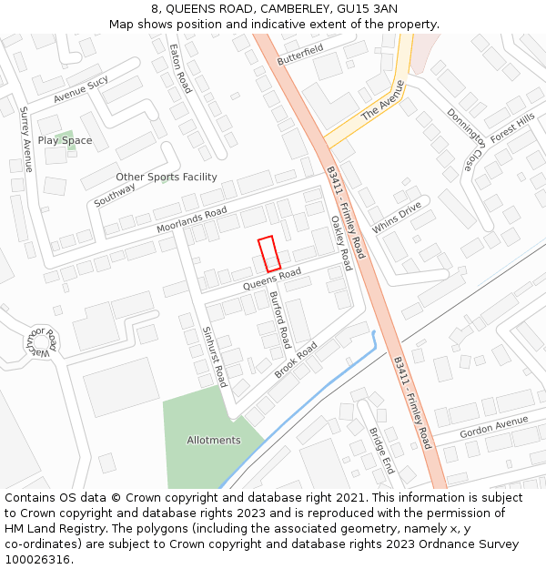 8, QUEENS ROAD, CAMBERLEY, GU15 3AN: Location map and indicative extent of plot