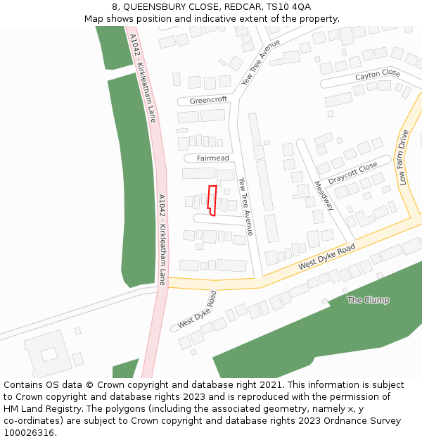 8, QUEENSBURY CLOSE, REDCAR, TS10 4QA: Location map and indicative extent of plot