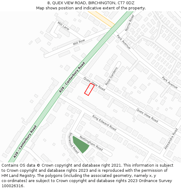 8, QUEX VIEW ROAD, BIRCHINGTON, CT7 0DZ: Location map and indicative extent of plot