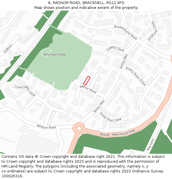 8, RADNOR ROAD, BRACKNELL, RG12 9FD: Location map and indicative extent of plot
