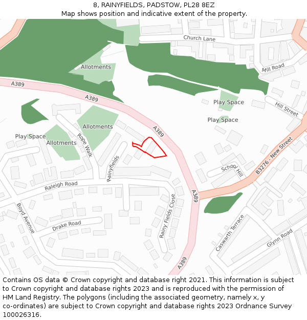 8, RAINYFIELDS, PADSTOW, PL28 8EZ: Location map and indicative extent of plot