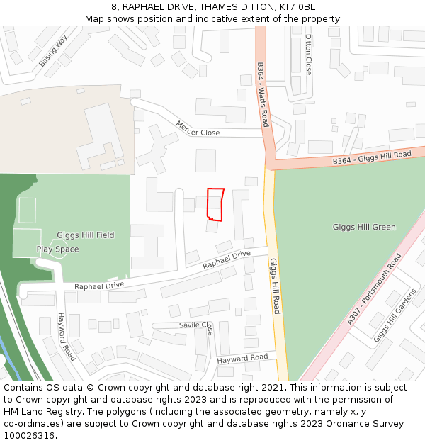 8, RAPHAEL DRIVE, THAMES DITTON, KT7 0BL: Location map and indicative extent of plot