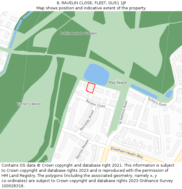 8, RAVELIN CLOSE, FLEET, GU51 1JP: Location map and indicative extent of plot