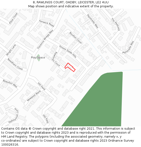 8, RAWLINGS COURT, OADBY, LEICESTER, LE2 4UU: Location map and indicative extent of plot